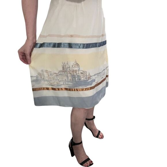 Due Per Due silk Blend Ivory Gondola Boat Print Ribbon A line Peasant Skirt 4 S - Picture 2 of 11